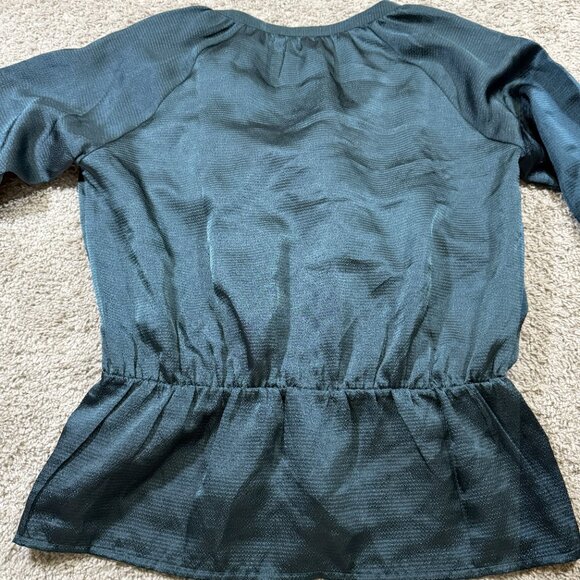 Banana Republic Teal Puff Sleeve V-Neck Ruffle Peplum Blouse Party Cocktail M - Picture 2 of 6
